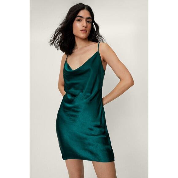 Nasty Gal Cowl Neck Satin Mini Slip Dress Spaghetti Straps Green - Size 12 - Picture 3 of 14